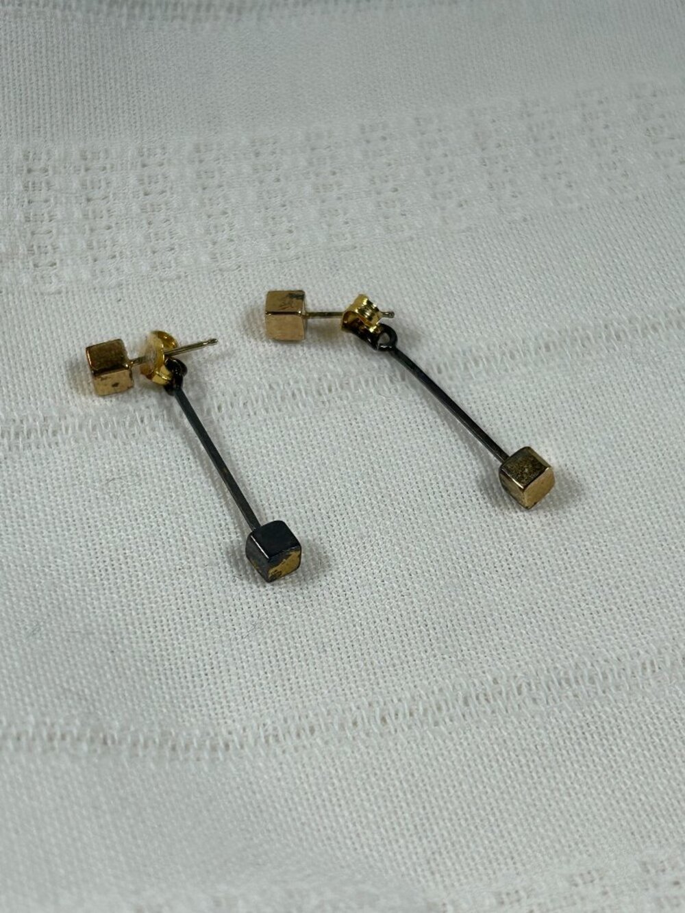 Gold Toned Geometric Front Back Style Square Cube Earrings - Pre-owned
